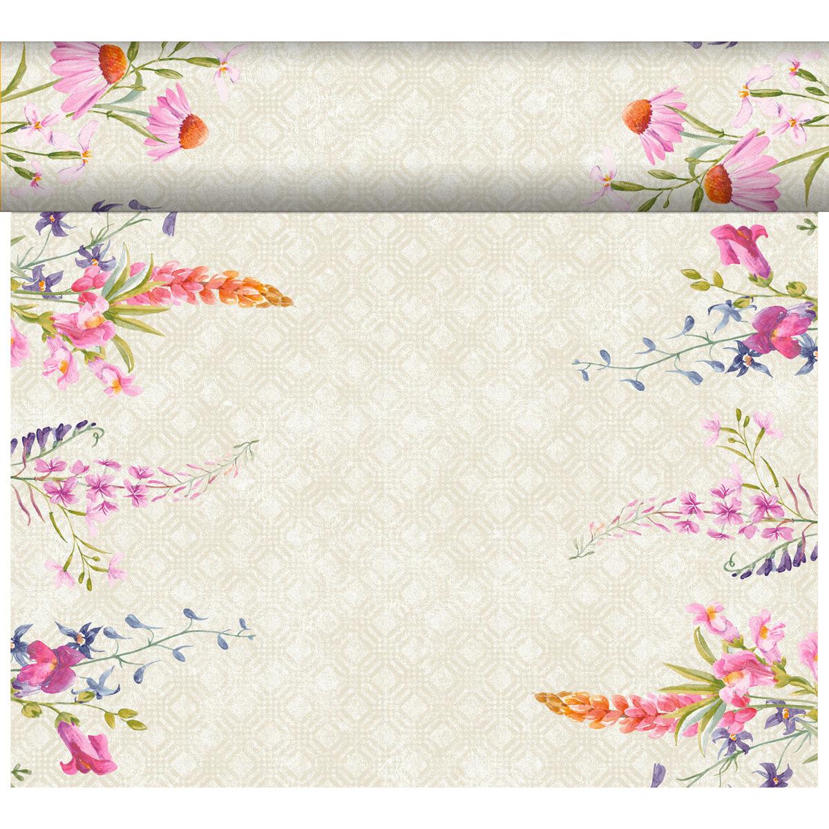 A cream-colored background with a geometric pattern and vibrant watercolor flowers at the corners reflects the fresh, weather-resistant charm of the DC-Tete a Tete 0.4x24m by Duni GmbH - ideal for stylish outdoor area design.