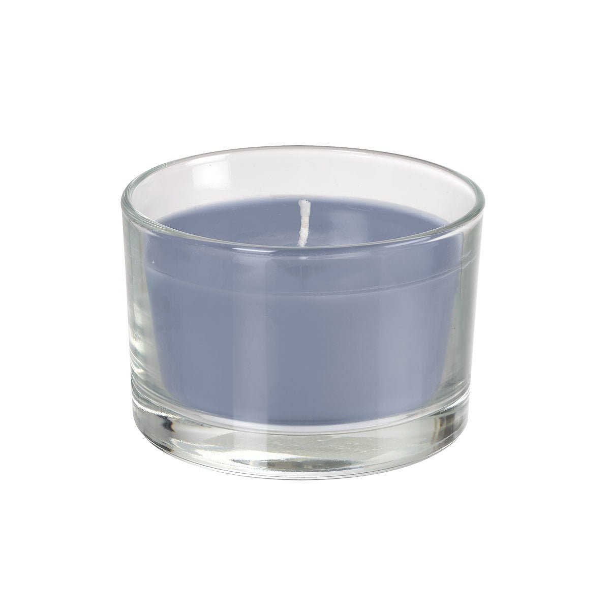 The candle glass Ibiza, steel blue from Duni GmbH, is an elegant glass holder with a wax candle (1 piece) and a single white wick, perfect for stylish lighting; depicted on a white background.