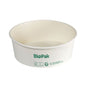 A white, round, biodegradable disposable cup (Bowl Ronda WIDE Carton/PLA White 700 ml by Duni GmbH) with green symbols on the side is depicted empty against a plain white background. Made from FSC-certified cardboard and PLA, 50-pack.