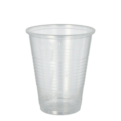 A transparent Starpak 20 drinking cup (PP, 0.3l, Ø 9.5 cm · 11.1 cm) with a flared foam rim and horizontal grip grooves is depicted on a plain white background. Delivered in a pack of 20 with shrink wrap.