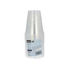 A stack of 20 transparent Starpak polypropylene drinking cups (0.3 l, Ø 9.5 cm, 11.1 cm) with a foam rim is wrapped in shrink wrap and features the brand name Starpak, a cup image, product information, foam rim details, and a barcode.