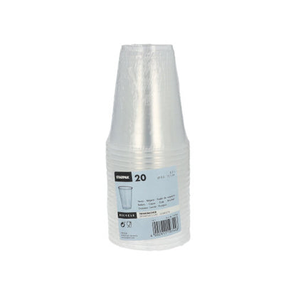 A stack of 20 transparent Starpak polypropylene drinking cups (0.3 l, Ø 9.5 cm, 11.1 cm) with a foam rim is wrapped in shrink wrap and features the brand name Starpak, a cup image, product information, foam rim details, and a barcode.