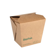 A brown FSC-certified cardboard box Bio NOODLE LARGE (960 ml) from Duni GmbH, 114x98x110 mm, with a folded lid and recycling symbols - ideal as a biodegradable takeaway box for environmentally friendly meals (pack of 50 pieces).