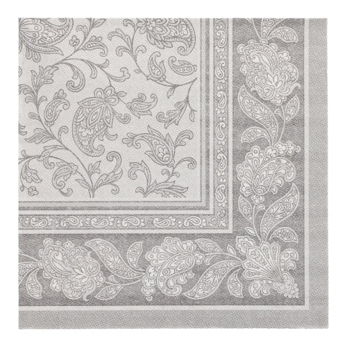 Gray and white area rug with floral and paisley pattern, whose decorative border reflects the refined elegance of the PAPSTAR 50 napkins "ROYAL Collection" 1/4-fold 40 x 40 cm gray from PAPSTAR GmbH. The symmetrical design brings sophistication to any room.