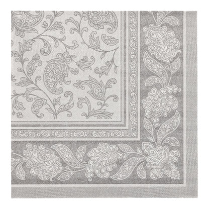 Gray and white area rug with floral and paisley pattern, whose decorative border reflects the refined elegance of the PAPSTAR 50 napkins "ROYAL Collection" 1/4-fold 40 x 40 cm gray from PAPSTAR GmbH. The symmetrical design brings sophistication to any room.