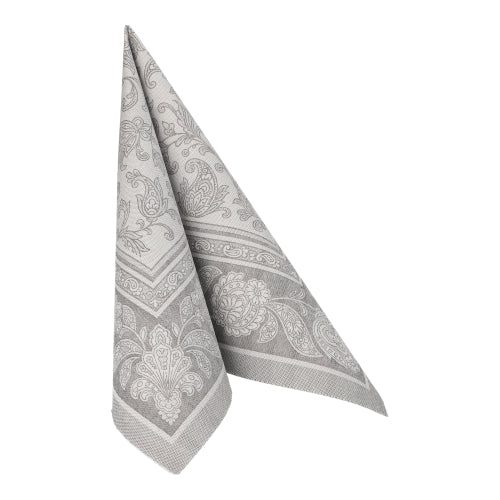 The PAPSTAR GmbH 50 napkins "ROYAL Collection" (1/4-fold, 40 x 40 cm, gray) are elegant gray napkins with a subtle paisley and floral pattern, perfect for any occasion.