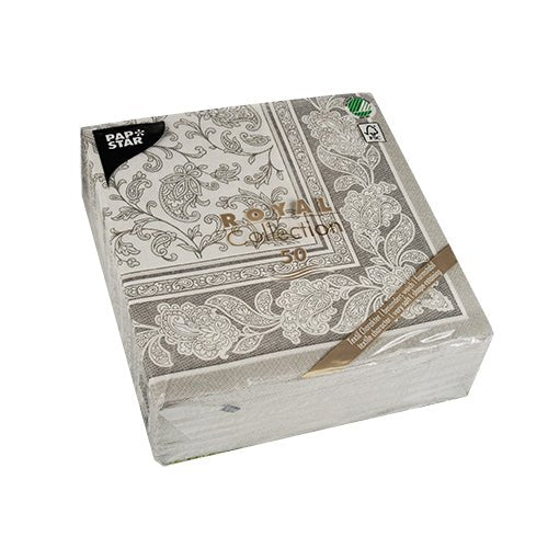A sealed package of 50 PAPSTAR "ROYAL Collection" napkins, 1/4-fold, 40 x 40 cm, in gray. The packaging from PAPSTAR GmbH is branded and labeled at the corner with product information.