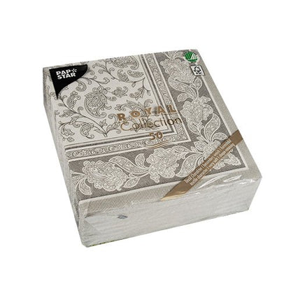 A sealed package of 50 PAPSTAR "ROYAL Collection" napkins, 1/4-fold, 40 x 40 cm, in gray. The packaging from PAPSTAR GmbH is branded and labeled at the corner with product information.