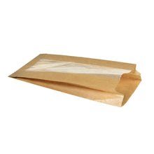 A brown Duni GmbH paper bag for rolls, muffins, bagels (270x150x50 mm) made of cardboard/cellulose with a transparent window, environmentally friendly, empty and partially open, against a white background. The package contains 1000 pieces.