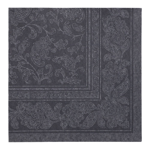 Close-up of a square, black napkin PAPSTAR 50 napkins "ROYAL Collection" 1/4 fold 40 x 40 cm of PAPSTAR GmbH with elaborate paisley and floral pattern on the edge and in the center.