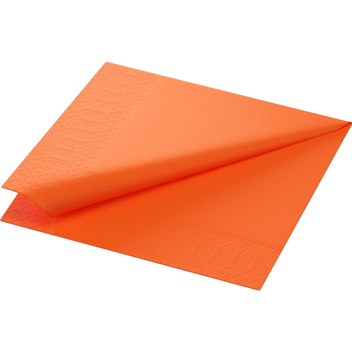 A single Duni GmbH Zellt napkin 33x33 cm, sun orange, is partially unfolded to show its textured edge and two of its 3-ply structure.