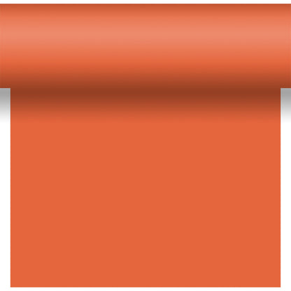 The Dunicel table runner Tête-à-Tête 24 m x 0.4 m (20 sections) by Duni GmbH in solid orange offers a smooth texture - ideal for a vibrant table decoration or stylish Tête-à-Tête settings.