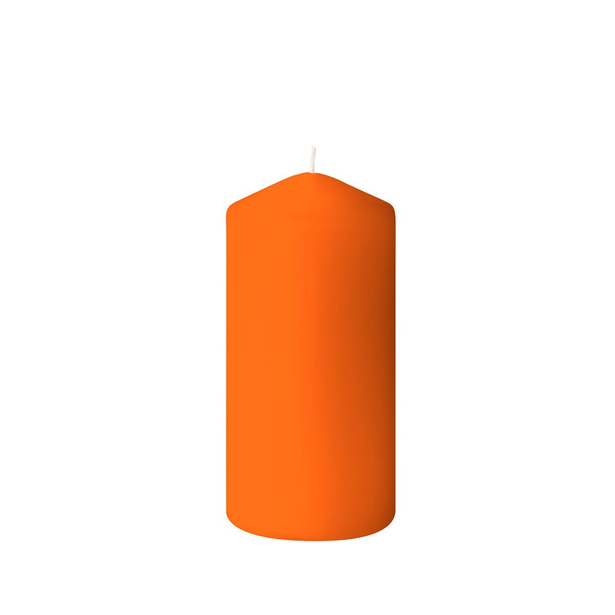 A pillar candle (150 x 70 mm) from Duni GmbH, with a smooth, orange surface and an unburned wick, stands upright against a simple white background and provides up to 50 hours of burn time to create a cozy atmosphere.