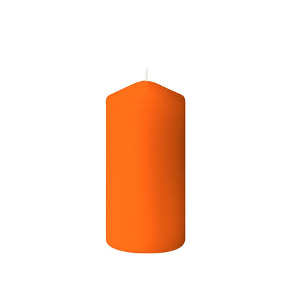 A pillar candle (150 x 70 mm) from Duni GmbH, with a smooth, orange surface and an unburned wick, stands upright against a simple white background and provides up to 50 hours of burn time to create a cozy atmosphere.