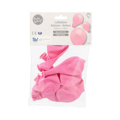 A clear packaging from PAPSTAR GmbH contains 10 uninflated pink balloons (Ø 25 cm) with a white, multilingual label showing the product name and images of the inflated balloons - ideal for decoration.