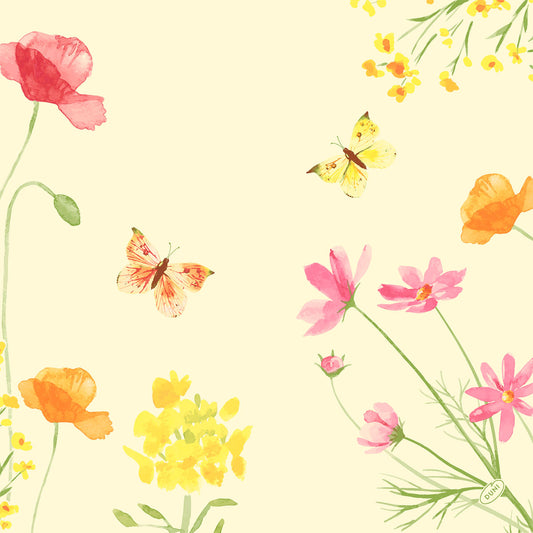 Aquarellblumen in Rot, Gelb und Orange mit Schmetterlingen auf einem hellgelben Hintergrund. Ideal für Dunisoft-Serv. 40x40cm von Duni GmbH-perfekt für stilvolle Servietten oder Servietten mit einem weichen stoffähnlichen Gefühl.