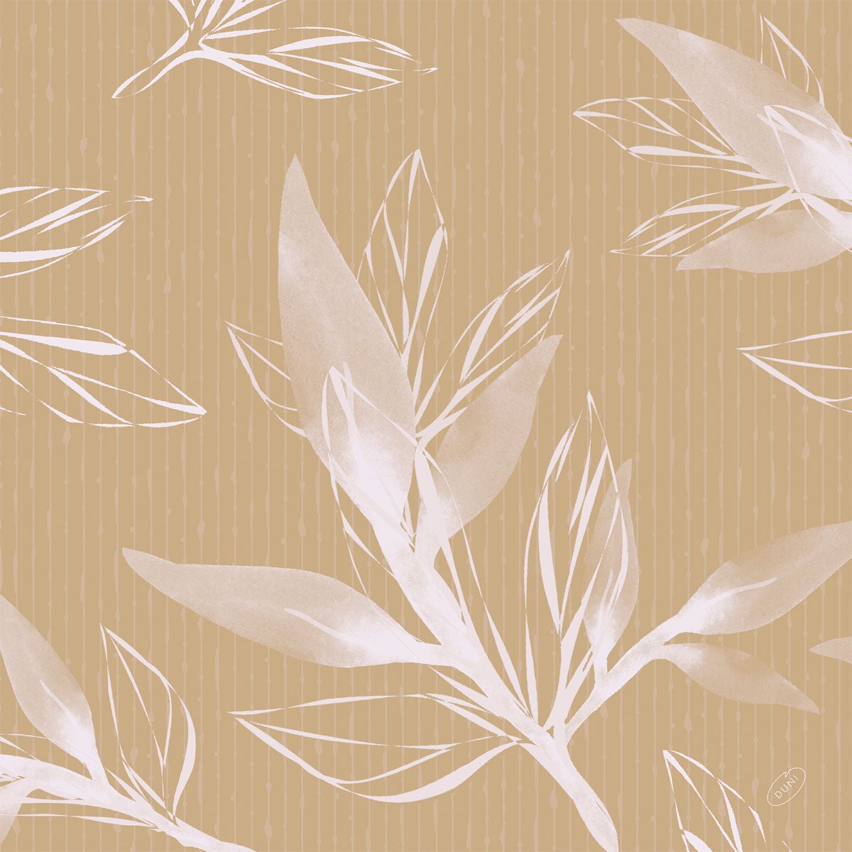 A seamless white, sketch-like leaf and branch pattern on a light brown background with vertical dots gives the classic napkins 40 x 40 cm 4-ply, embossed 1/4 fold by Duni GmbH a gentle botanical elegance - ideal for the set table.