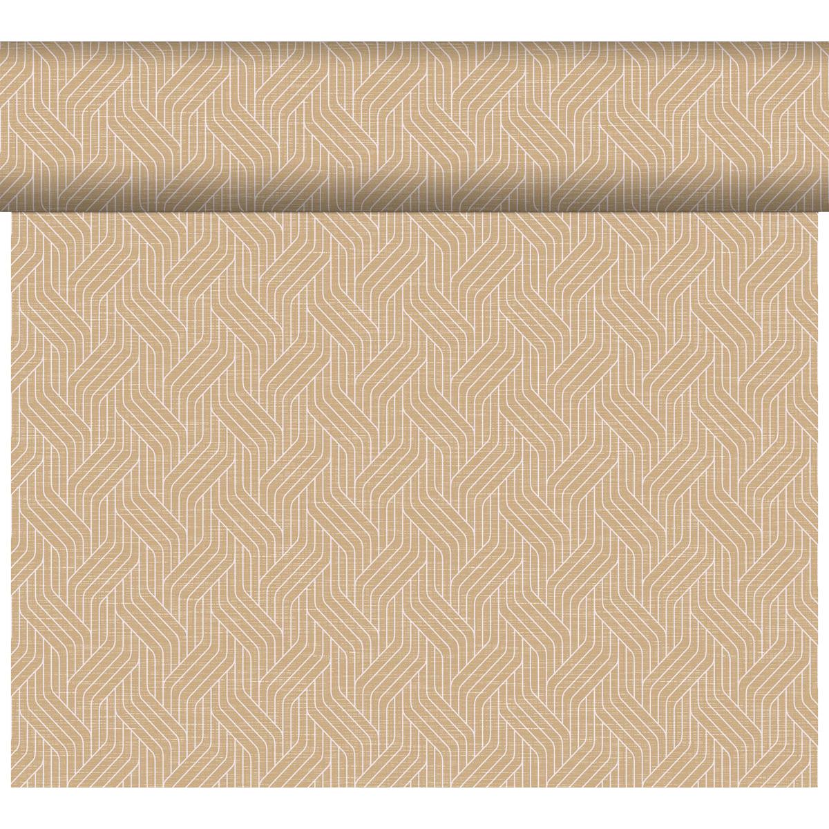 The Dunicel table runner Tête-à-Tête (24 m x 0.4 m, 20 sections) by Duni GmbH features a geometric herringbone pattern in beige and cream - ideal as a stylish backdrop for Tête-à-Tête or elegant table decoration.