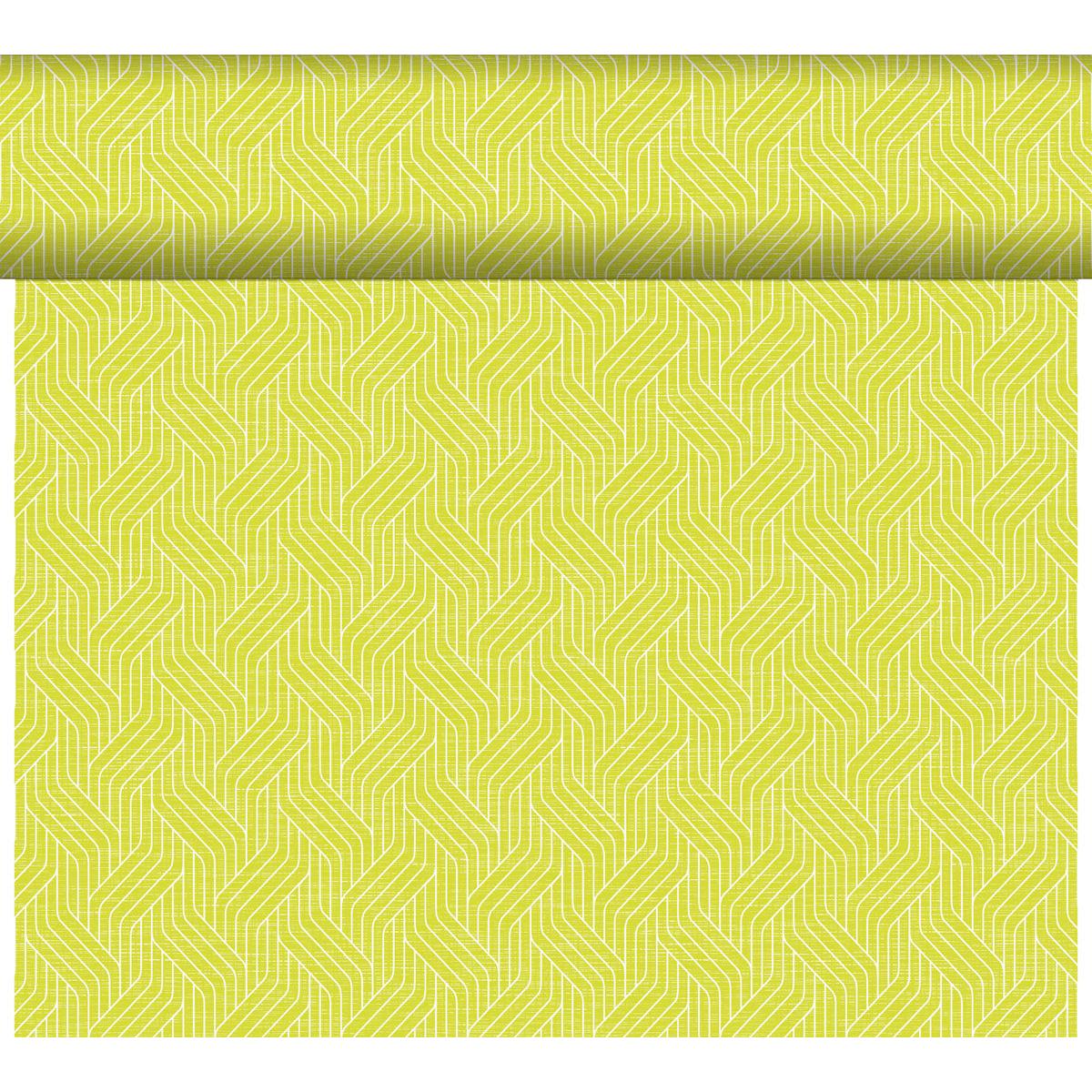 The Dunicel table runner Tête-à-Tête 24 m x 0.4 m (20 sections) by Duni GmbH displays an interlocking zigzag pattern in light yellow and lime green, ideal for modern table decorations, here partially unrolled in front of a white background.