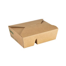 Closed, brown cardboard box Bio 2-Comp FSC/PLA for takeaway (400/480 ml, 170x140x50 mm) from Duni GmbH made of biodegradable cardboard with folded flaps and green Biopak logo on the side. Package: 50 pieces.