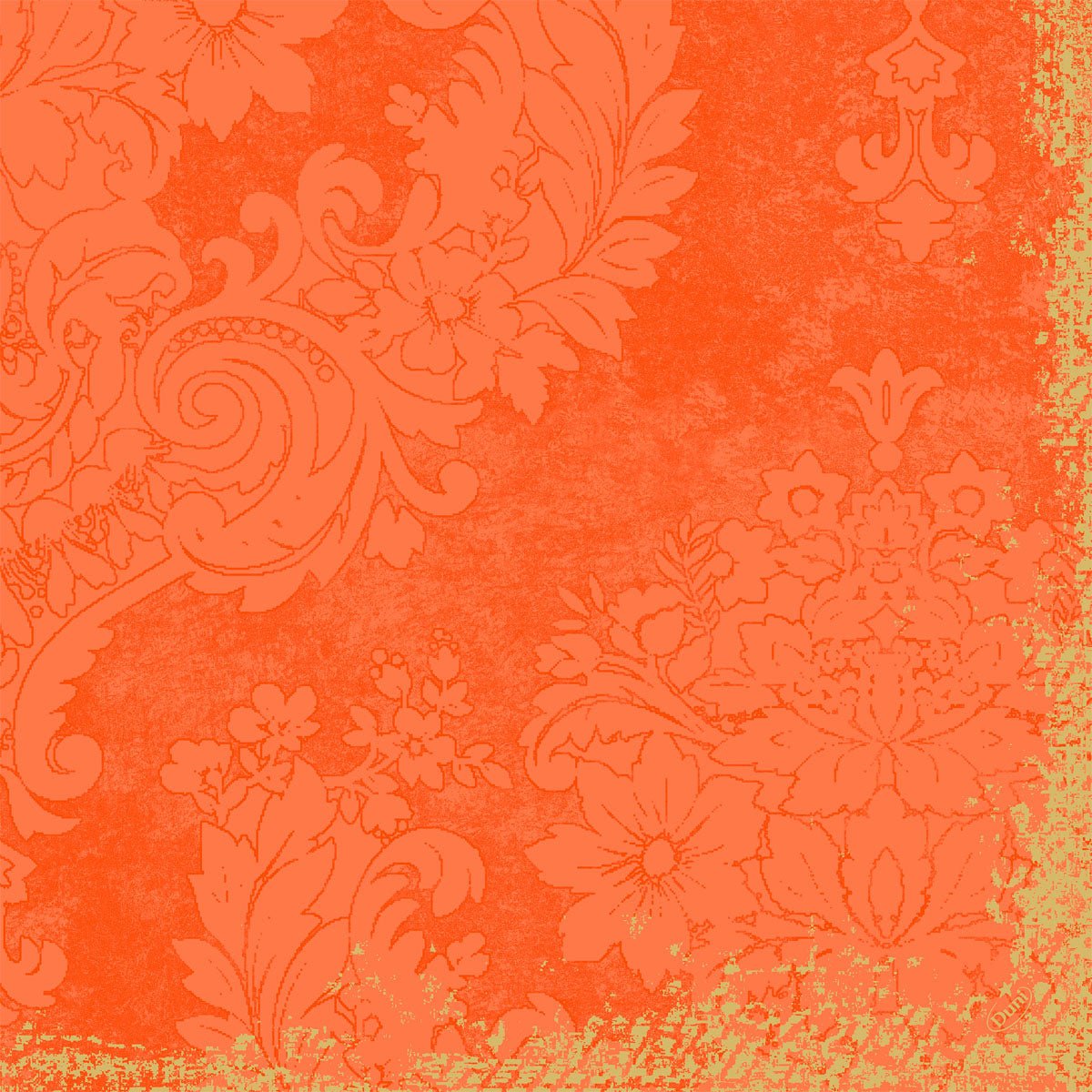 Ornate floral and leaf motifs in faded orange adorn a textured surface. The frayed edges give these Duni GmbH classic napkins 40 x 40 cm 4-ply, embossed 1/4 fold the elegant charm of vintage wallpaper.
