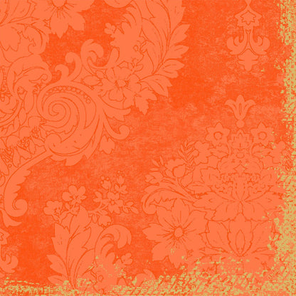 Ornate floral and leaf motifs in faded orange adorn a textured surface. The frayed edges give these Duni GmbH classic napkins 40 x 40 cm 4-ply, embossed 1/4 fold the elegant charm of vintage wallpaper.