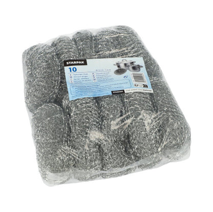 A package wrapped in plastic containing 10 round Starpak pot cleaner scouring pads made of silver wire with a blue and white label featuring the brand name "Starpak" and product information.
