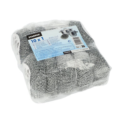 A Starpak pot cleaner wrapped in plastic (wire round Ø 10 cm, 3 cm, abrasive | mesh, 1 piece) with blue text and scrubber images, ideal for thorough cleaning of cookware with product details on the front.