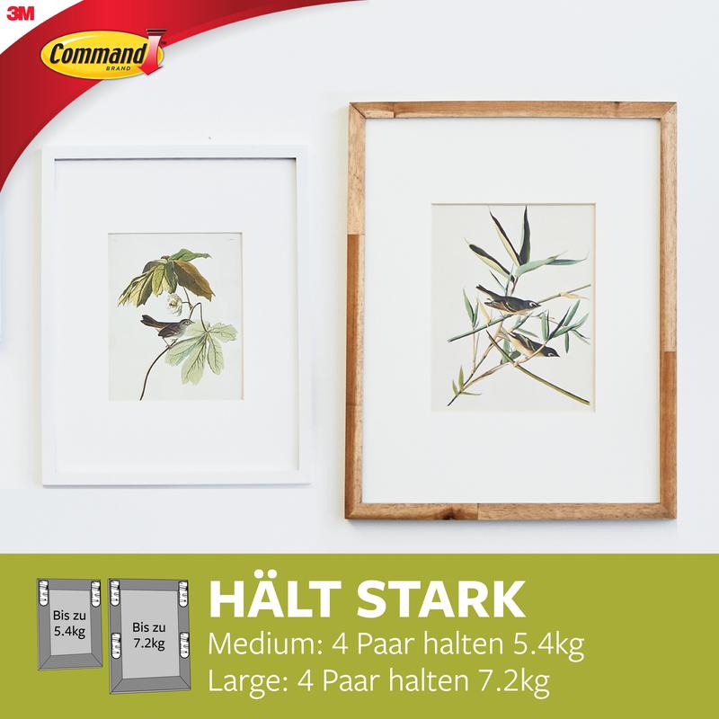 Two framed botanical prints hang on a white wall - securely fastened with 3M Deutschland GmbH Command™ Picture Hanging Strips, Value Pack, 17209 (Size M & L). Stylish hanging without nails; product info and logo visible.