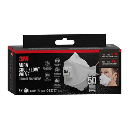 A black box of the 3M™ Aura™ Comfort Cool Flow™ Particulate Respirator 9332+ (FFP3, with valve) from 3M Deutschland GmbH with an image of the white mask, key features, FFP3 rating, and information about a 5-pack of respirators.