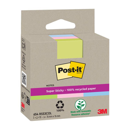 A pack of Post-it® Super Sticky 100% Recycled Notes from 3M Deutschland GmbH, size 76 mm x 76 mm, contains three colors and recycling symbols. Each pack contains 70 sheets per block, all made from PEFC-certified recycled paper.