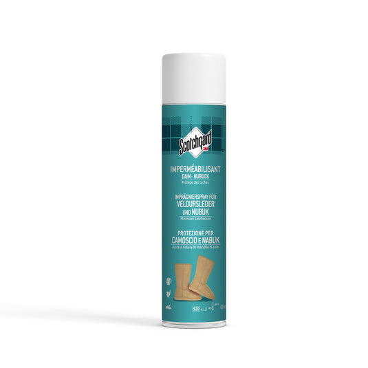 A white 400-ml spray can of 3M Deutschland GmbH Scotchgard™ waterproofing spray for suede and nubuck stands upright against a white background, the FR/DE/IT label shows a picture of suede shoes.