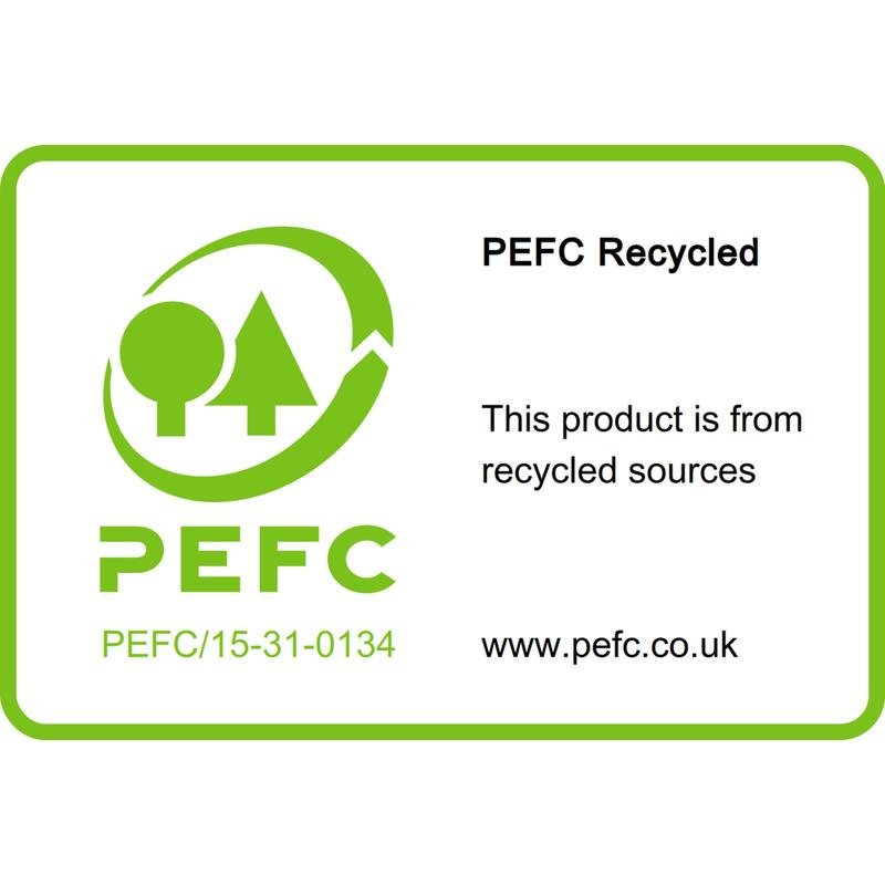 The 3M Deutschland GmbH Post-it® Super Sticky 100% Recycling Notes (76x76 mm, 70 sheets, 100% PEFC) are labeled with a PEFC Recycled Label: "This product comes from recycled sources", green tree logo, code PEFC/15-31-0134, www.pefc.co.uk.