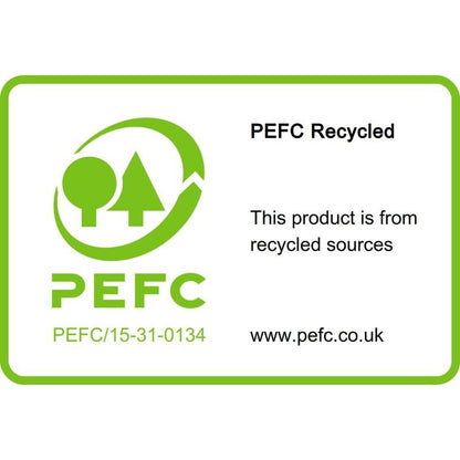 The 3M Deutschland GmbH Post-it® Super Sticky 100% Recycling Notes (76x76 mm, 70 sheets, 100% PEFC) are labeled with a PEFC Recycled Label: "This product comes from recycled sources", green tree logo, code PEFC/15-31-0134, www.pefc.co.uk.