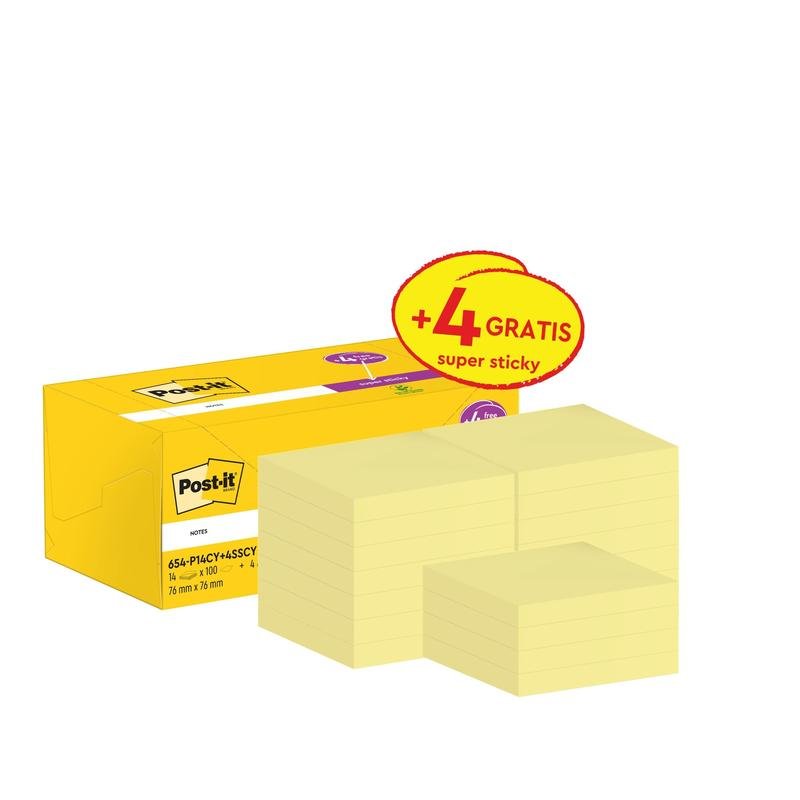 A yellow 3M Post-it® Notes box (76x76 mm) with several yellow note pads on the front; the package contains 14 pads with 100 sheets and 4 additional Super Sticky Notes pads (each 90 sheets), labeled with a "+4 free" sticker.