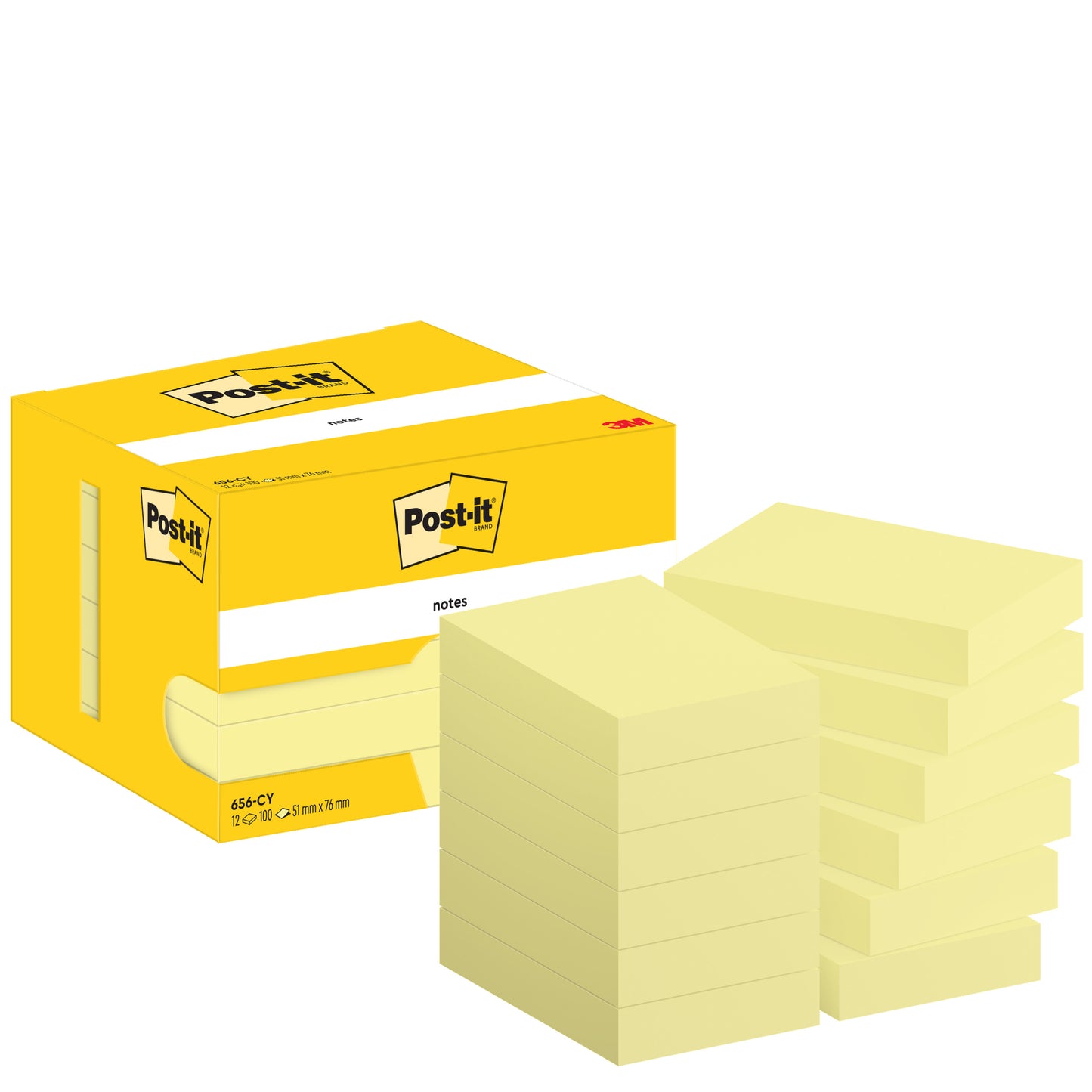 Pictured is a yellow box of Post-it® Notes (3M Germany GmbH) with several yellow sticky note pads (51 x 76 mm, 100 sheets/pad, 12 pads/pack), in cardboard packaging, PEFC-certified (SGSCH-PEFC-COC-110078).