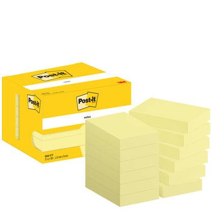 Pictured is a yellow box of Post-it® Notes (3M Germany GmbH) with several yellow sticky note pads (51 x 76 mm, 100 sheets/pad, 12 pads/pack), in cardboard packaging, PEFC-certified (SGSCH-PEFC-COC-110078).