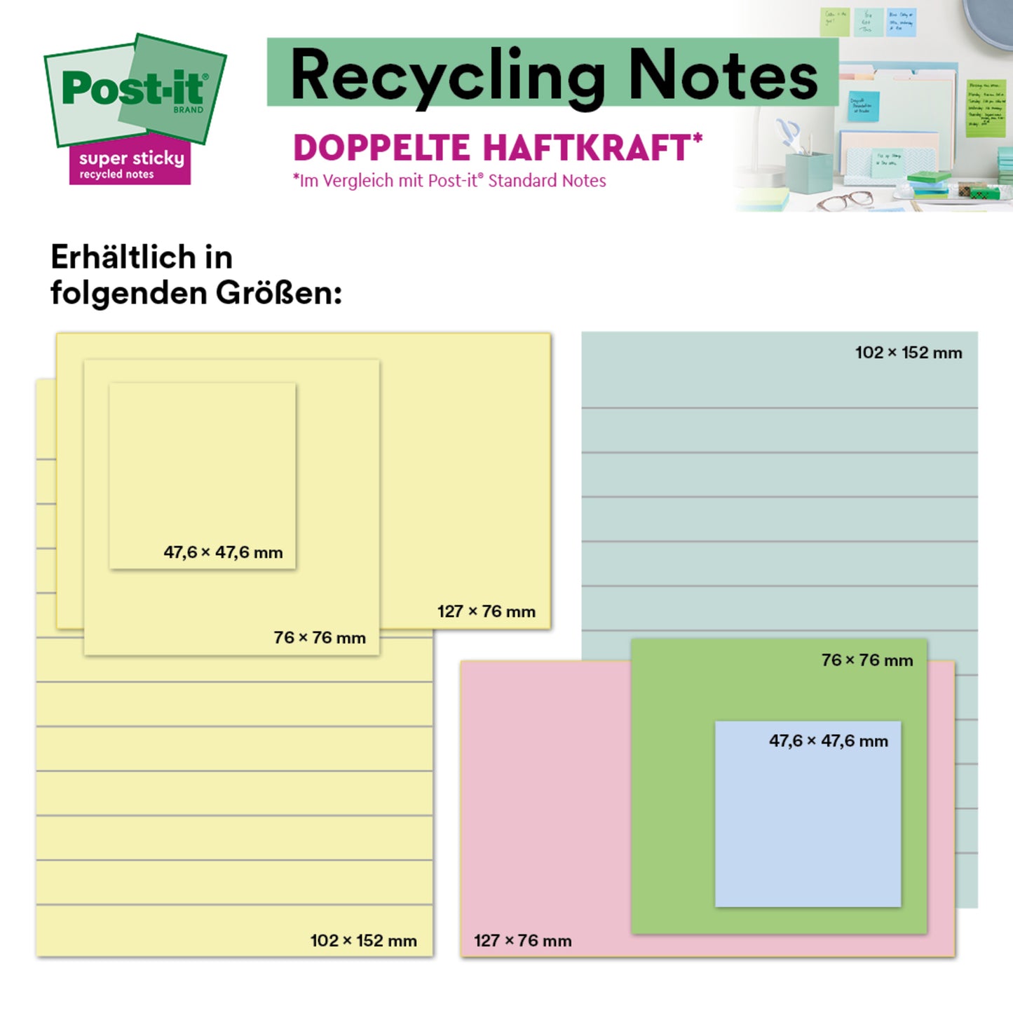 The image shows Post-it® Super Sticky 100% Recycled Notes (47.6 x 47.6 mm, 70 sheets/block, PEFC-certified) from 3M Deutschland GmbH in pastel colors, with a small photo showing them on a wall and on a desk.
