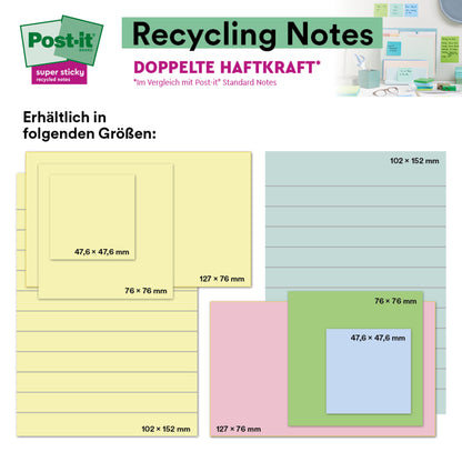 The image shows Post-it® Super Sticky 100% Recycled Notes (47.6 x 47.6 mm, 70 sheets/block, PEFC-certified) from 3M Deutschland GmbH in pastel colors, with a small photo showing them on a wall and on a desk.