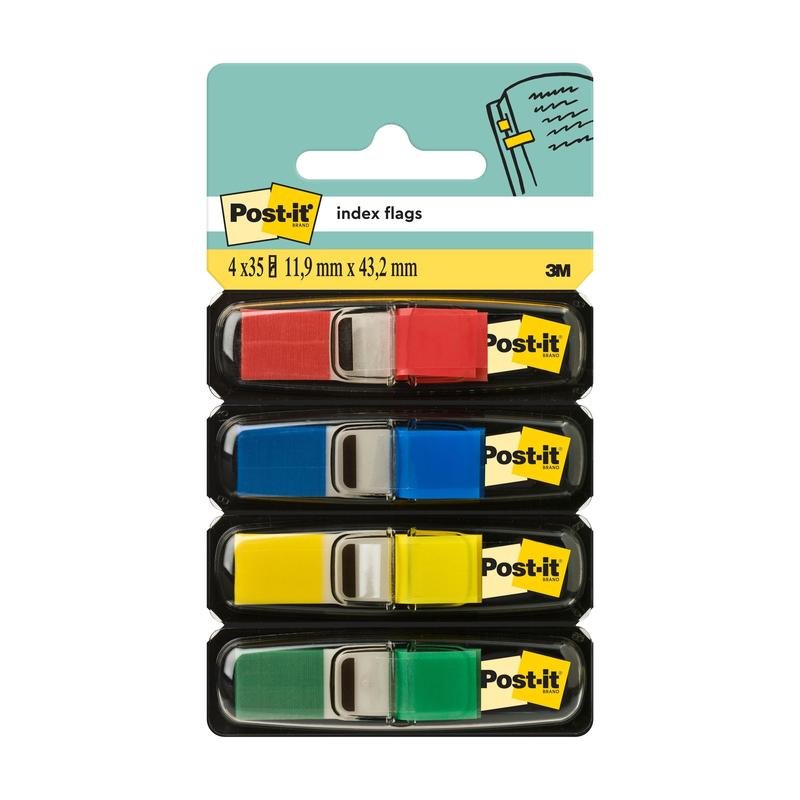 A pack of Post-it® Index Tabs Mini from 3M Deutschland GmbH contains four dispensers (red, blue, yellow, green) with 35 flags each (11.9 mm x 43.2 mm), as depicted on the label with the visible 3M logo.