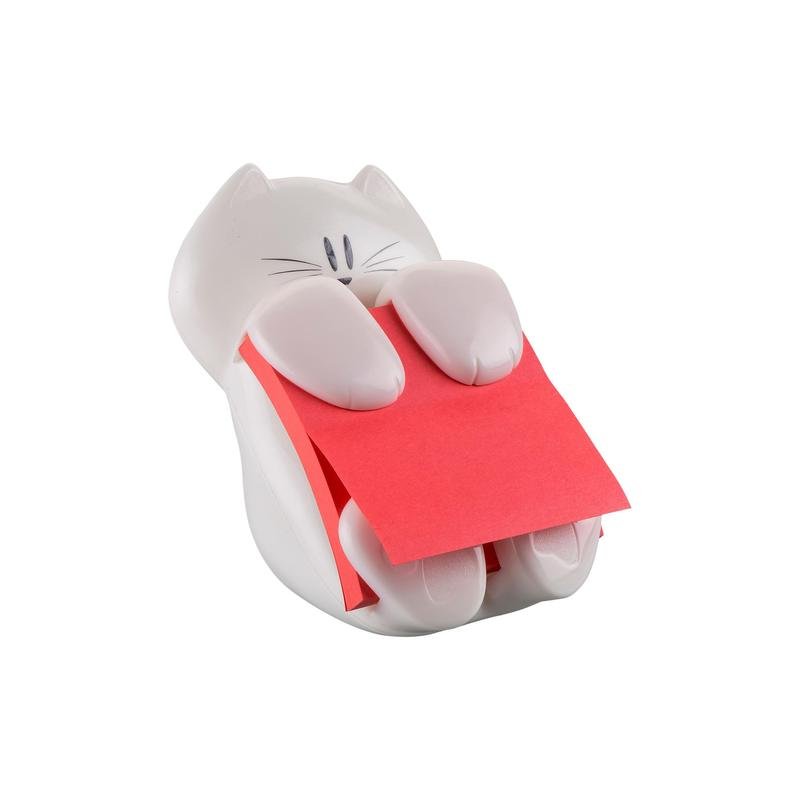 A white, cat-shaped Post-it® Z-Notes Dispenser from 3M Deutschland GmbH holds a stack of pink Super Sticky Z-Notes (76x76 mm, 90 sheets) between its paws. One block is included, the notes are visible inside against a plain white background.