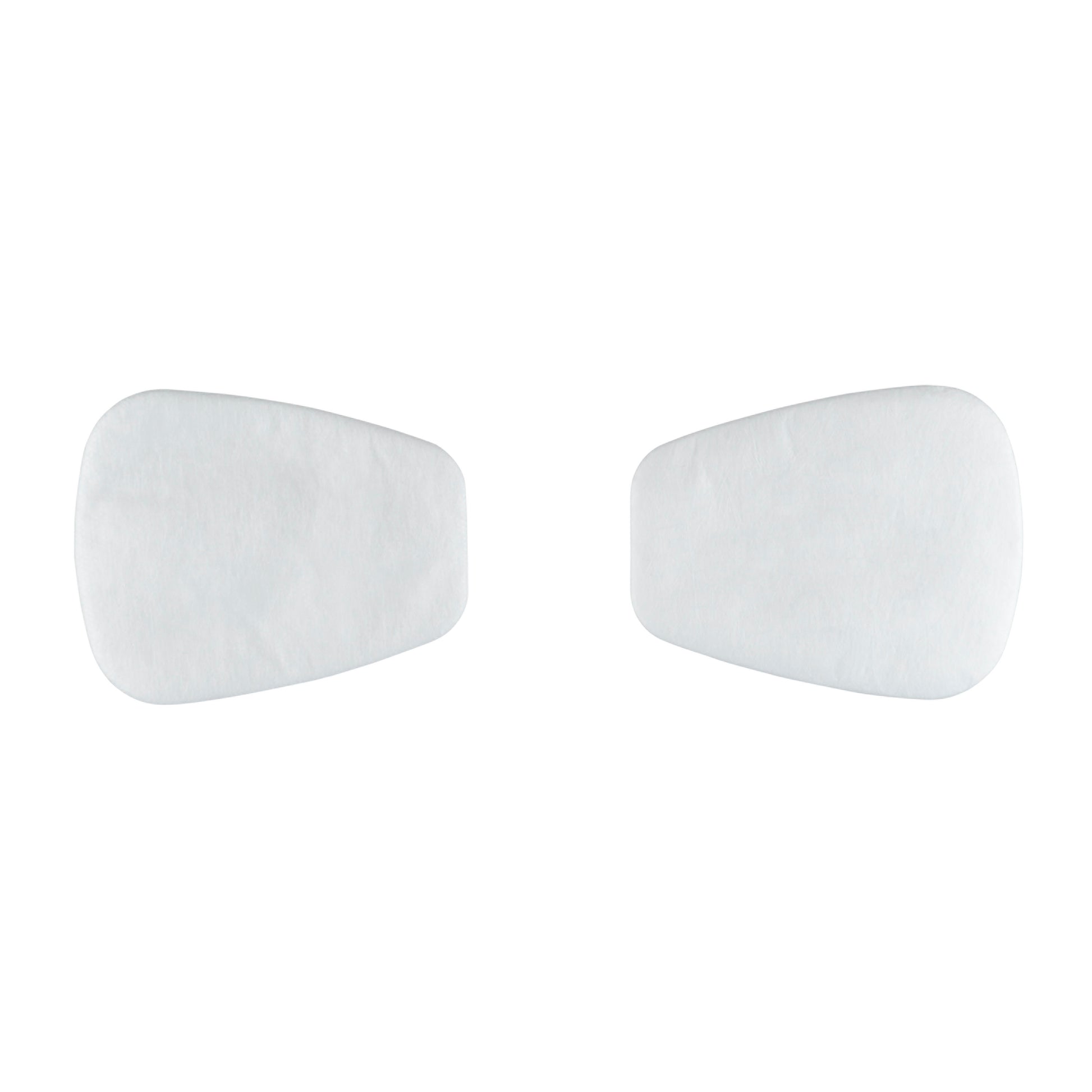 Zwei weiße, unregelmäßige Pads, wie der 3M™ Partikelfilter 5925 P2 von 3M Deutschland GmbH (10 Paar/Packung), werden nebeneinander auf einem einfarbig weißen Hintergrund positioniert.
