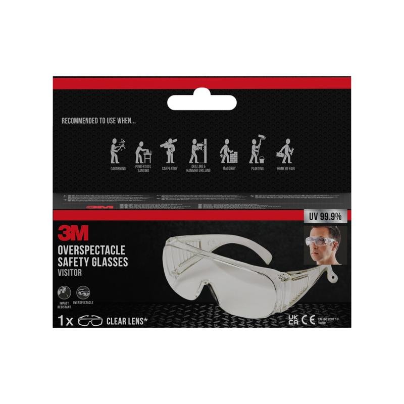 A package of 3M™ Visitor Overglasses, clear lens from 3M Deutschland GmbH with clear lenses. The packaging shows a product photo, symbols for recommended use, and highlights UV protection and impact resistance.