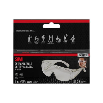 A package of 3M™ Visitor Overglasses, clear lens from 3M Deutschland GmbH with clear lenses. The packaging shows a product photo, symbols for recommended use, and highlights UV protection and impact resistance.