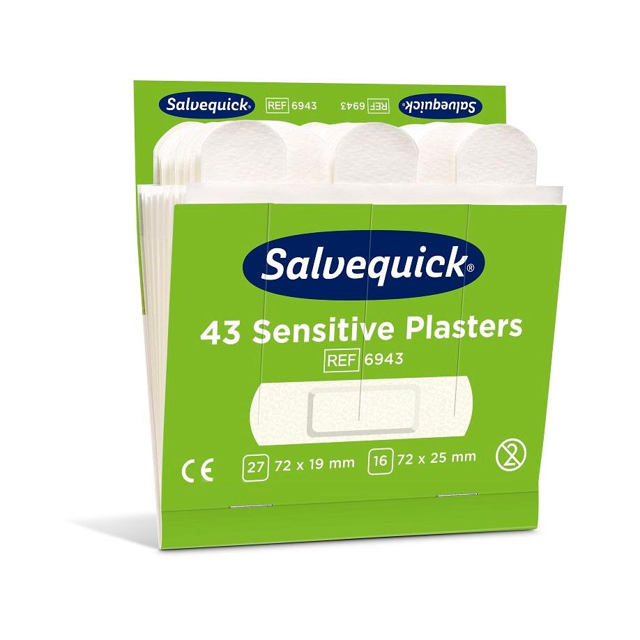 A green-white box with the inscription "Orkla Wound Care AB Sensitive Plasters, 43 pcs./Refill (fleece) | Pack (6 pieces)" is open and reveals white plasters inside. The box displays sizes, symbols, and the reference number. 6943.