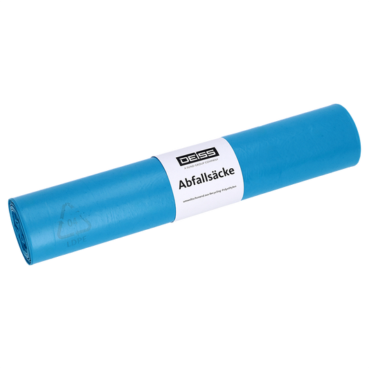 Eine Rolle EMIL DEISS KG (GmbH + Co.) Abfallsäcke, DEISS 20007 Typ 70, blau, Größe 700x1100 mm, Rolle (25 Stück), mit weißem Etikett mit der Aufschrift "Deiss" und "Abfallsäcke", auf weißem Grund.