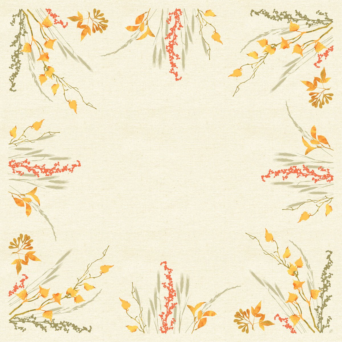 The Dunicel table cover 84x84 Fall Beauty by Duni GmbH has a beige background, bordered with bright autumn leaves and a soft watercolor effect, perfect for autumn table decoration. The package contains 20 pieces.