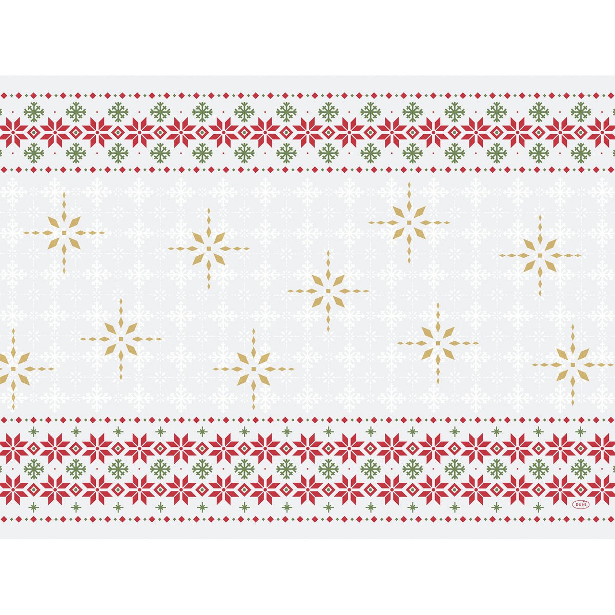 The Duni GmbH Paper Placemats 30x40cm Tradition (Pack of 250 pieces) feature horizontal rows of red and green floral motifs and golden star shapes on white - ideal for festive table protection or stylish holiday tables.