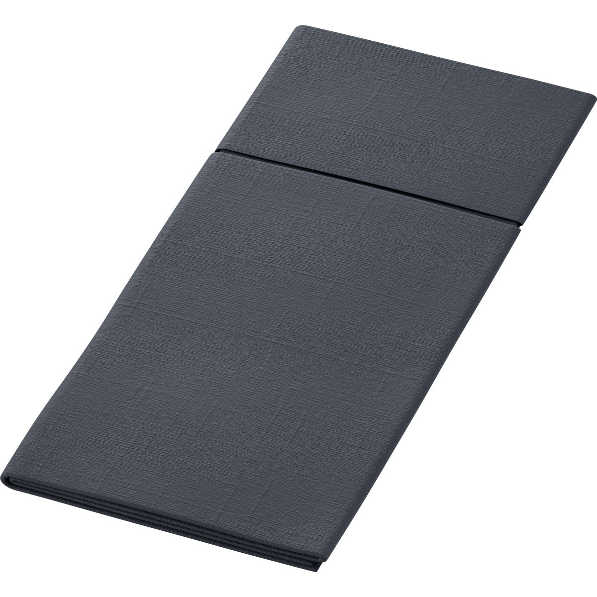 A folded Bio Duniletto Slim 400 x 330 mm napkin from Duni GmbH, made from sustainable materials, is shown against a white background. The dark gray napkin has a subtle texture pattern and is neatly folded in the middle.