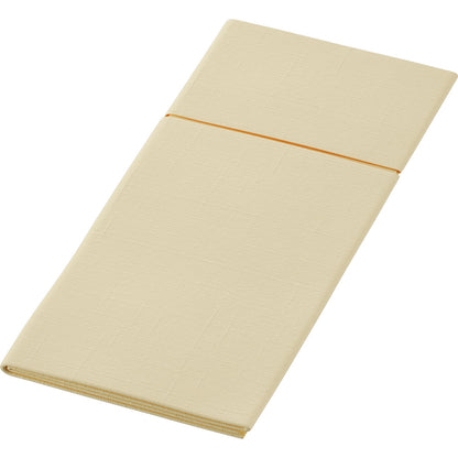 The Bio Duniletto Slim 400 x 330 mm from Duni GmbH is a beige cloth napkin, folded and held with an orange rubber band, made from sustainable materials - perfect for an eco-friendly table decoration against a simple white background.
